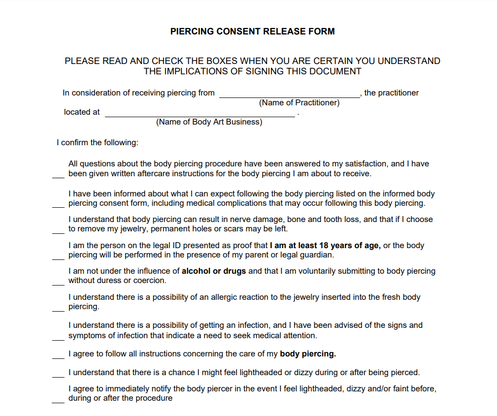 Printable Piercing Consent Form