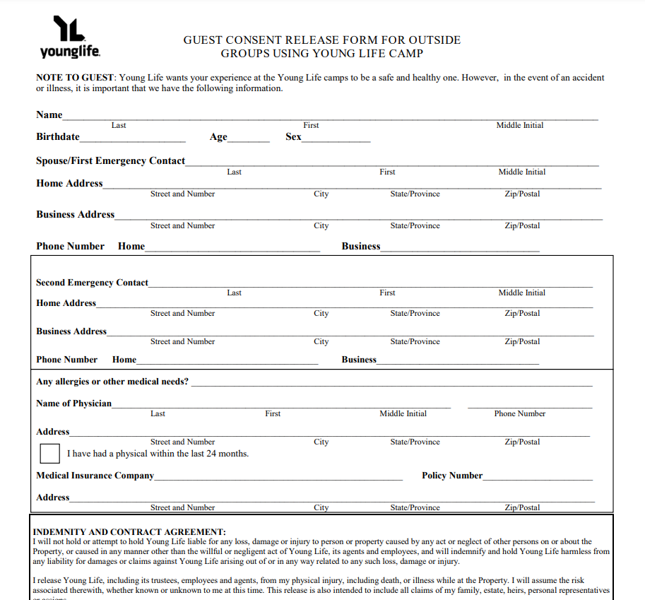 Young Life Health And Consent Form