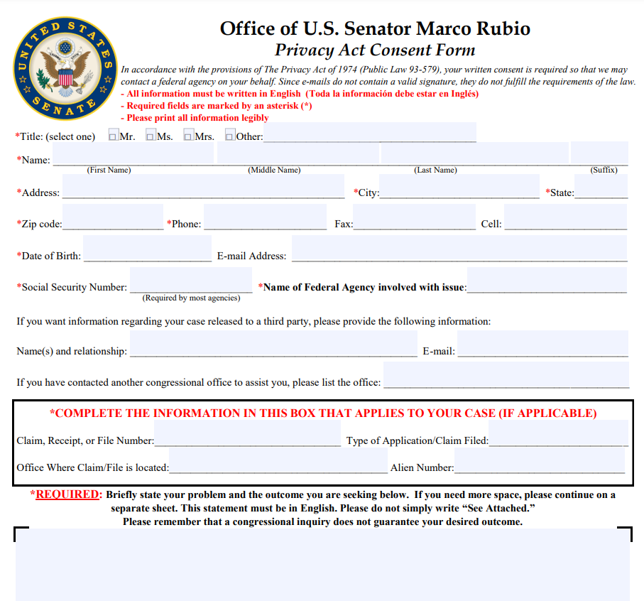 Marco Rubio Privacy ACT Consent Form